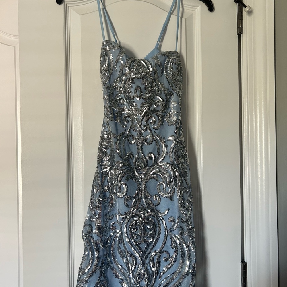 B Darlin Silver Sequin Sheath Prom Dress